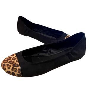 DYN&C Womens Slip On Ballet Shoes 9 Leather Black Brown Animal Print Flats